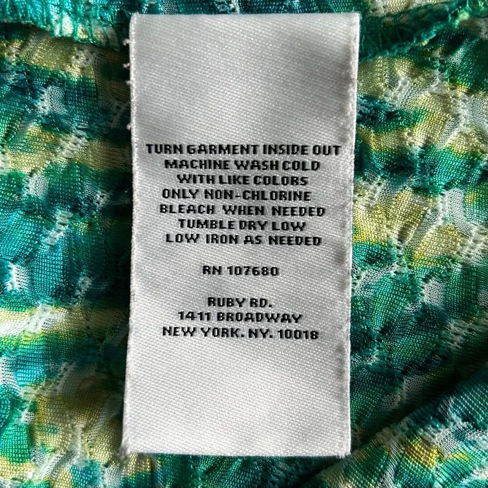Ruby Rd Crinkled Knit Top XL Green Blue Art Deco Stretch 3/4 Sleeve Cottagecore - Picture 8 of 9